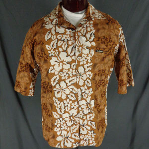 Te Mana Brown Cotton Hibiscus Hawaiian Shirt  XL